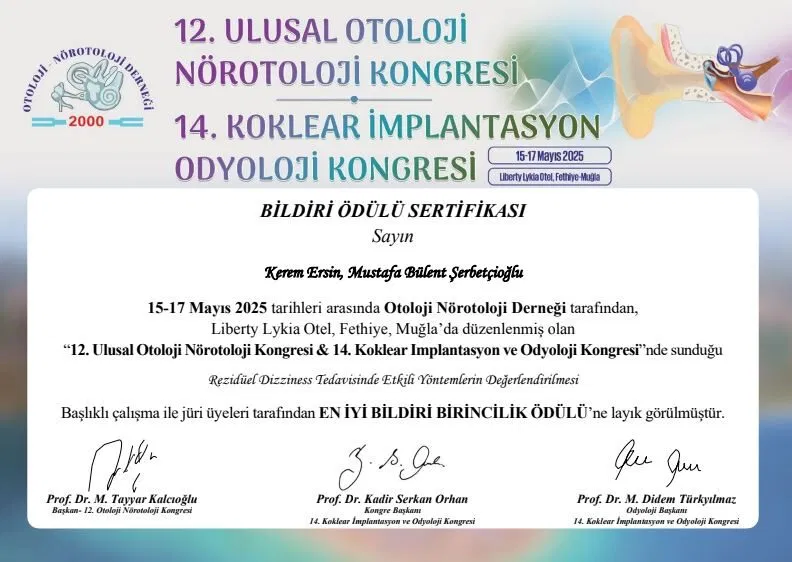 Kerem Ersin bildiri birincilik ödülü sertifikası